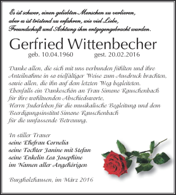 Traueranzeige von Gerfried Wittenbecher von WVG - Wochenspiegel NMB / WSF / ZTZ