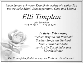 Traueranzeige von Elli Timplan von Mitteldeutsche Zeitung Dessau-Roßlau