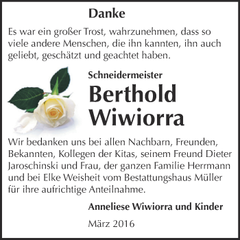 Traueranzeige von Berthod Wiwiorra von Super Sonntag Aschersleben