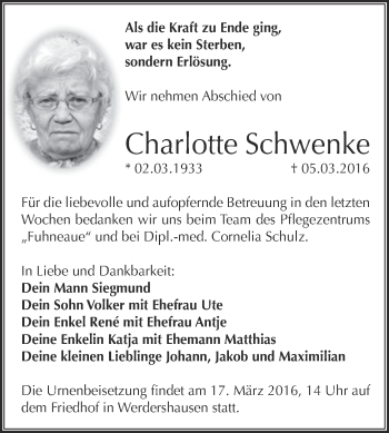 Traueranzeige von Charlotte Schwenke von WVG - Wochenspiegel Dessau / Köthen