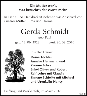 Traueranzeige von Gerda Schmidt von WVG - Wochenspiegel NMB / WSF / ZTZ