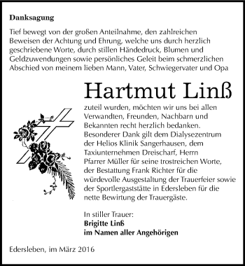 Traueranzeige von Hartmut Linß von Mitteldeutsche Zeitung Sangerhausen