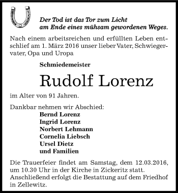 Traueranzeige von Rudolf Lorenz von Mitteldeutsche Zeitung Bernburg