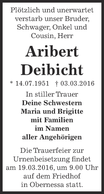Traueranzeige von Aribert Deibicht von WVG - Wochenspiegel NMB / WSF / ZTZ