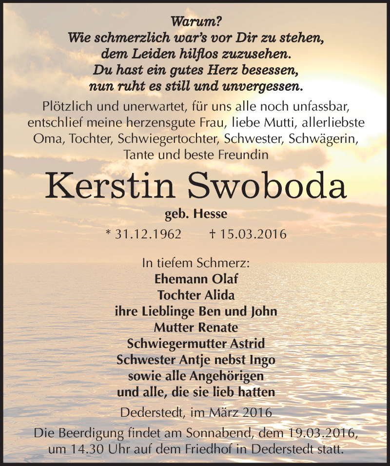  Traueranzeige für Kerstin Swoboda vom 17.03.2016 aus Mitteldeutsche Zeitung Mansfelder Land