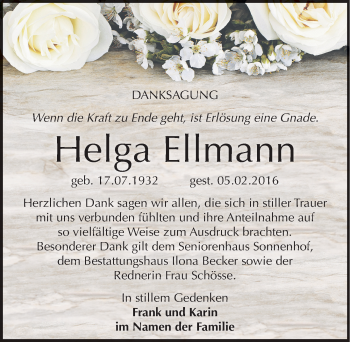 Traueranzeige von Helga Ellmann von Mitteldeutsche Zeitung Sangerhausen