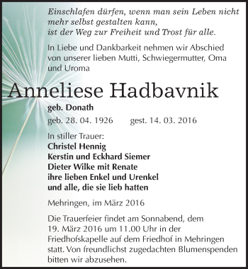 Traueranzeige von Anneliese Hadbavnik von Mitteldeutsche Zeitung Aschersleben