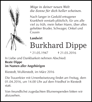 Traueranzeige von Burkhard Dippe von Super Sonntag SGH Mansf. Land