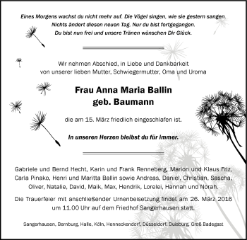 Traueranzeige von Anna Maria Ballin von Mitteldeutsche Zeitung Sangerhausen