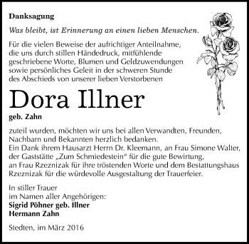 Traueranzeige von Dora Illner von Mitteldeutsche Zeitung Mansfelder Land