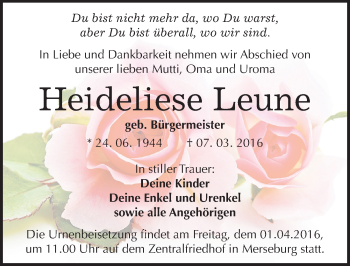 Traueranzeige von Heideliese Leune von Mitteldeutsche Zeitung Merseburg/Querfurt