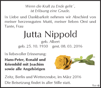 Traueranzeige von Jutta Nippold von Mitteldeutsche Zeitung Zeitz