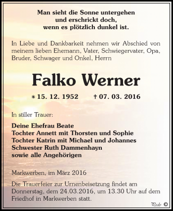 Traueranzeige von Falko Werner von WVG - Wochenspiegel NMB / WSF / ZTZ