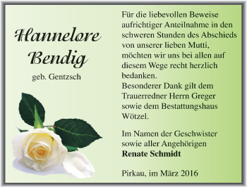Traueranzeige von Hannelore Bendig von Mitteldeutsche Zeitung Zeitz