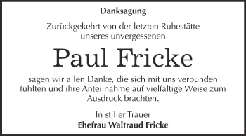 Traueranzeige von Paul Fricke von WVG - Wochenspiegel Dessau / Köthen