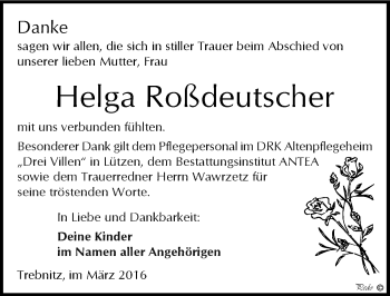 Traueranzeige von Helga Roßdeutscher von Mitteldeutsche Zeitung Weißenfels