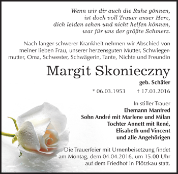 Traueranzeige von Margit Skonieczny von Mitteldeutsche Zeitung Bernburg