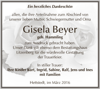 Traueranzeige von Gisela Beyer von Wochenspiegel Mansfelder Land