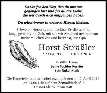 Traueranzeige von Horst Sträßler von Mitteldeutsche Zeitung Dessau-Roßlau