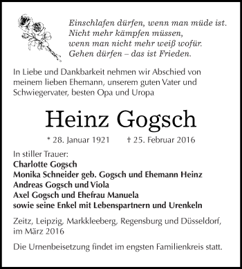 Traueranzeige von Heinz Gogsch von Super Sonntag Zeitz