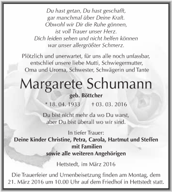 Traueranzeige von Margarete Schumann von Wochenspiegel Mansfelder Land