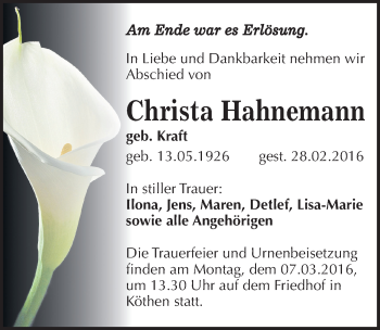 Traueranzeige von Christa Hahnemann von Mitteldeutsche Zeitung Köthen