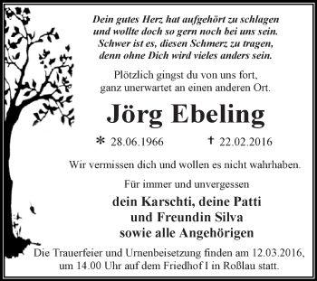 Traueranzeige von Jörg Ebeling von WVG - Wochenspiegel Dessau / Köthen