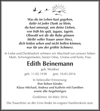 Traueranzeige von Edith Beinemann von Wochenspiegel Mansfelder Land