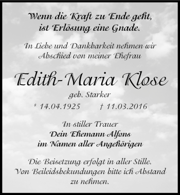 Traueranzeige von Edith-Maria Klose von Mitteldeutsche Zeitung Dessau-Roßlau