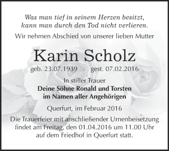 Traueranzeige von Karin Scholz von WVG - Wochenspiegel Merseburg