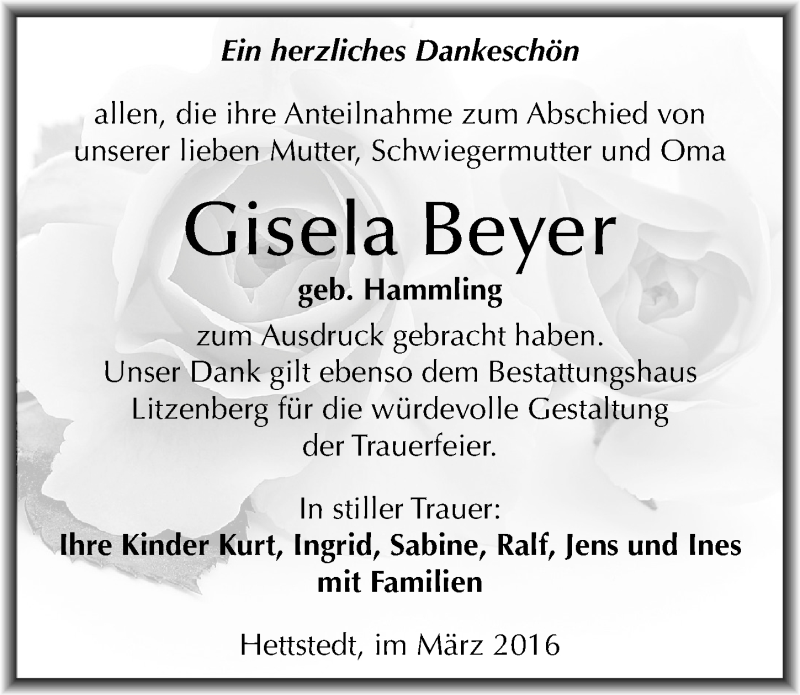  Traueranzeige für Gisela Beyer vom 26.03.2016 aus Mitteldeutsche Zeitung Mansfelder Land