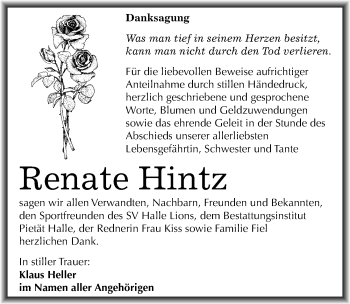 Traueranzeige von Renate Hintz von Mitteldeutsche Zeitung Halle/Saalkreis