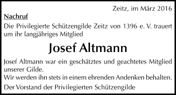 Traueranzeige von Josef Altmann von Mitteldeutsche Zeitung Zeitz