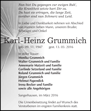 Traueranzeige von Karl-Heinz Grummich von Super Sonntag SGH Mansf. Land