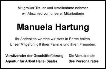Traueranzeige von Manuela Hartung von Mitteldeutsche Zeitung Halle/Saalkreis