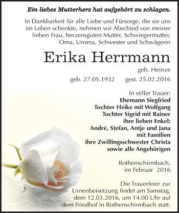 Traueranzeige von Erika Herrmann von Mitteldeutsche Zeitung Mansfelder Land