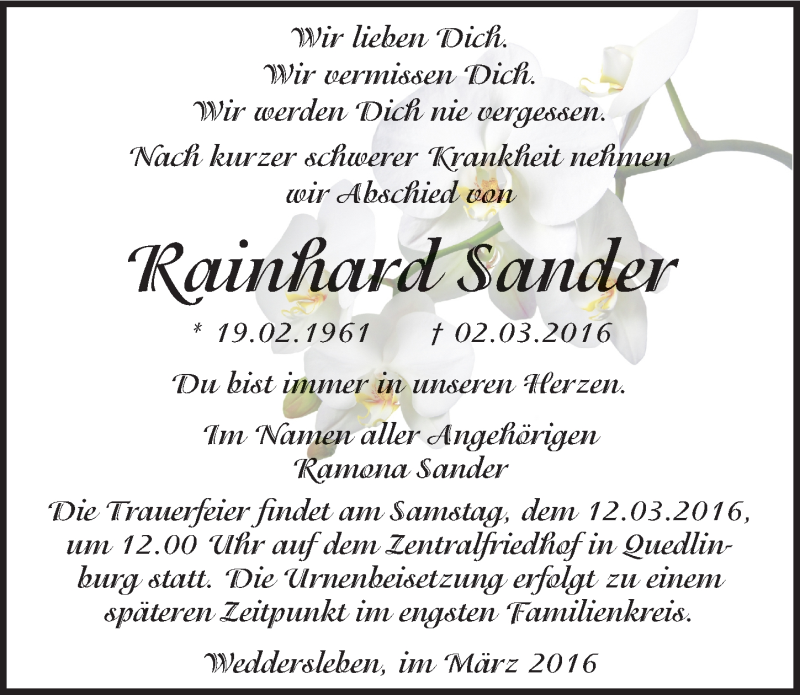  Traueranzeige für Rainhard Sander vom 08.03.2016 aus Mitteldeutsche Zeitung Quedlinburg
