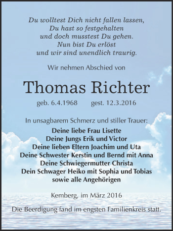 Traueranzeige von Thomas Richter von WVG - Wochenspiegel Wittenberg