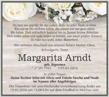 Traueranzeige von Margarita Arndt von Super Sonntag Wittenberg