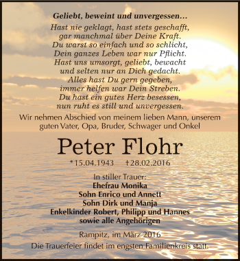 Traueranzeige von Peter Flohr von Mitteldeutsche Zeitung Merseburg/Querfurt