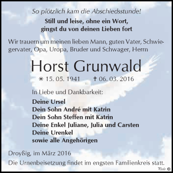 Traueranzeige von Horst Grunwald von Super Sonntag Zeitz