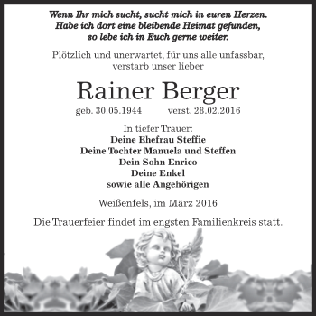 Traueranzeige von Rainer Berger von WVG - Wochenspiegel NMB / WSF / ZTZ