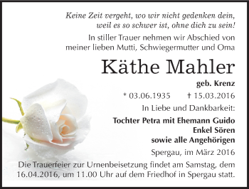 Traueranzeige von Käthe Maler von Mitteldeutsche Zeitung Merseburg/Querfurt