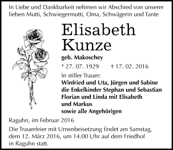 Traueranzeige von Elisabeth Kunze von Mitteldeutsche Zeitung Bitterfeld