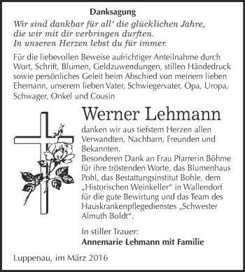 Traueranzeige von Werner Lehmann von Super Sonntag Merseburg