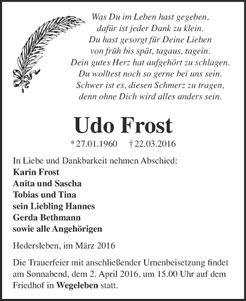 Traueranzeige von Udo Frost von WVG - Wochenspiegel Quedlinburg