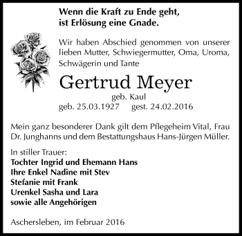 Traueranzeige von Gertrud Meyer von Mitteldeutsche Zeitung Aschersleben