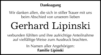Traueranzeige von Gerhard Lipinski von Mitteldeutsche Zeitung Quedlinburg