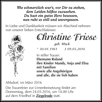 Traueranzeige von Christine Friese von Wochenspiegel Mansfelder Land