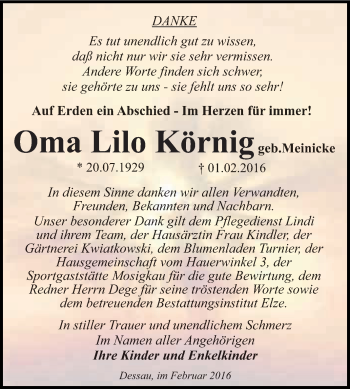 Traueranzeige von Lilo Körnig von WVG - Wochenspiegel Dessau / Köthen